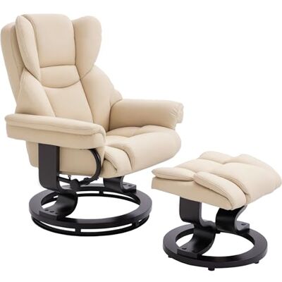 HOMCOM Fauteuil de relaxation avec tabouret, fauteuil TV pivotant avec fonction inclinable, fauteuil inclinable pour salon, chambre à coucher, cuir synthétique Crème HOMCOM Fauteuil de relaxation avec tabouret, fauteuil TV pivotant avec fonction inclinable, fauteuil inclinable pour salon, chambre à coucher, cuir synthétique Crème