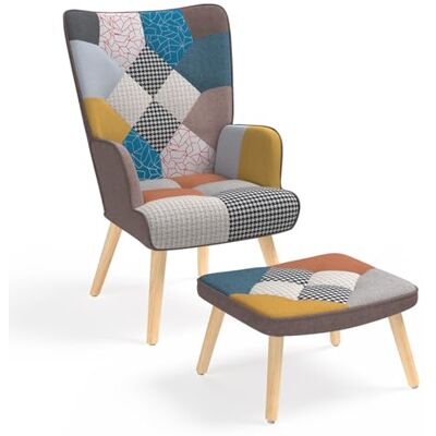 IDMarket Fauteuil scandinave Ivar avec Repose Pieds en Tissu Patchwork Multicouleurs IDMarket Fauteuil scandinave Ivar avec Repose Pieds en Tissu Patchwork Multicouleurs