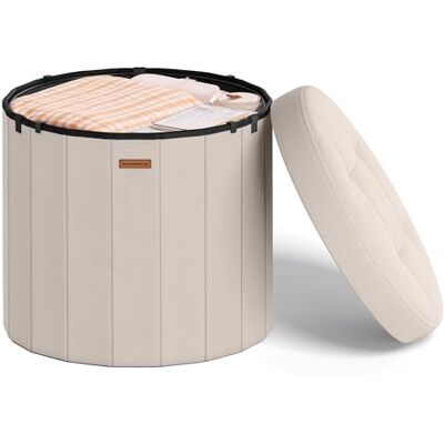SONGMICS Tabouret de Rangement Rond, Pliable, en Tissu Bouclette Repose-pieds avec Couvercle Amovible, Montage Facile, pour Chambre, Salon, Entrée, Blanc et Noir, Collection MINOTA LSF606W01 SONGMICS Tabouret de Rangement Rond, Pliable, en Tissu Bouclette Repose-pieds avec Couvercle Amovible, Montage Facile, pour Chambre, Salon, Entrée, Blanc et Noir, Collection MINOTA LSF606W01