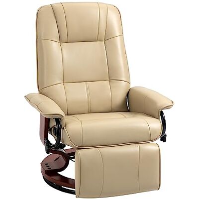 HOMCOM Fauteuil Relax Inclinable Pivotant Revêtement Synthétique Crème Fauteuil de Salon, Repose-Pieds Réglable, Piètement Bois HOMCOM Fauteuil Relax Inclinable Pivotant Revêtement Synthétique Crème Fauteuil de Salon, Repose-Pieds Réglable, Piètement Bois