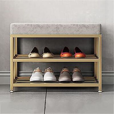 CWCQGH Banc de rangement ottoman moderne capitonné avec coussin en velours, organiseur à chaussures à 2 niveaux, gris, 60 x 35 x 45 cm CWCQGH Banc de rangement ottoman moderne capitonné avec coussin en velours, organiseur à chaussures à 2 niveaux, gris, 60 x 35 x 45 cm