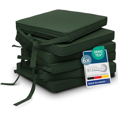 Beautissu Set de 6 coussin de chaise déhoussable lavable avec bandes assise 45x40cm vert foncé galette de d'intérieur d' exterieur jardin Fixation antidérapant rembourrage Loft SK Beautissu Set de 6 coussin de chaise déhoussable lavable avec bandes assise 45x40cm vert foncé galette de d'intérieur d' exterieur jardin Fixation antidérapant rembourrage Loft SK