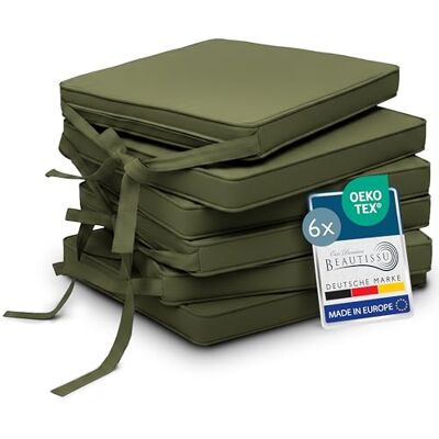Beautissu Set de 6 coussin de chaise d'intérieur galette déhoussable assise 45x40cm Vert Olive avec bandes de fixation d' exterieur jardin Lavable rembourrage cuisine antidérapante ronde Loft SK Beautissu Set de 6 coussin de chaise d'intérieur galette déhoussable assise 45x40cm Vert Olive avec bandes de fixation d' exterieur jardin Lavable rembourrage cuisine antidérapante ronde Loft SK