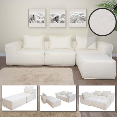 Mendler L-Sofa HWC-O54 Canapé de salon avec méridienne, extensible modulaire droite/gauche, tissu/textile, 63 x 270 x 190 cm, crème Mendler L-Sofa HWC-O54 Canapé de salon avec méridienne, extensible modulaire droite/gauche, tissu/textile, 63 x 270 x 190 cm, crème