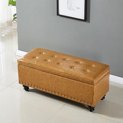 RTYHN Banc de rangement ottoman en cuir avec coussin, banc de rangement pour chambre à coucher, banc de rangement avec pieds en bois, banc d'entrée, repose-pieds RTYHN Banc de rangement ottoman en cuir avec coussin, banc de rangement pour chambre à coucher, banc de rangement avec pieds en bois, banc d'entrée, repose-pieds
