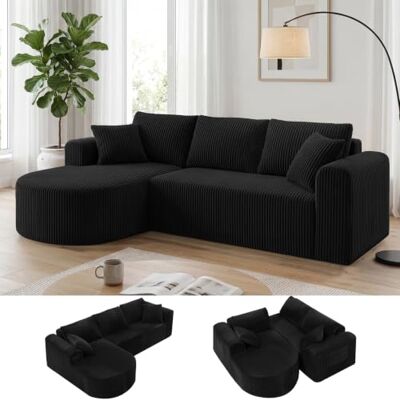 COMHOMA Canapé d'angle modulaire en velours côtelé de 263 cm avec méridienne, canapé-lit en forme de L, canapés sectionnels avec coussins et poches latérales, canapé pour salon, sans montage, noir COMHOMA Canapé d'angle modulaire en velours côtelé de 263 cm avec méridienne, canapé-lit en forme de L, canapés sectionnels avec coussins et poches latérales, canapé pour salon, sans montage, noir