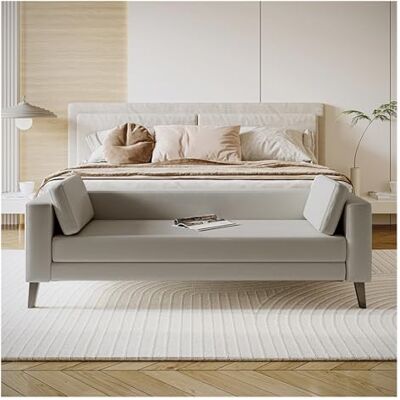 QINGGANG-0224 chaise longue Banc de chambre à coucher en tissu for bout lit, banc ottoman rembourré moderne, long d'entrée for salle bain, salon, foyer intérieur(Gray) QINGGANG-0224 chaise longue Banc de chambre à coucher en tissu for bout lit, banc ottoman rembourré moderne, long d'entrée for salle bain, salon, foyer intérieur(Gray)