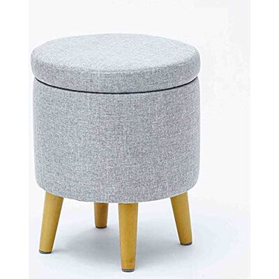 HWDNQGH Boîte de rangement, tabouret ottoman rond avec coussin en coton et lin et pieds en bois – Gris clair HWDNQGH Boîte de rangement, tabouret ottoman rond avec coussin en coton et lin et pieds en bois – Gris clair