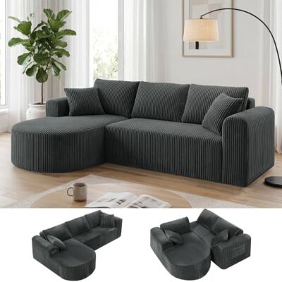 COMHOMA Canapé d'angle modulaire en velours côtelé de 263 cm avec méridienne, canapé-lit en forme de L, canapés sectionnels avec coussins et poches latérales, canapé pour salon, sans montage, gris COMHOMA Canapé d'angle modulaire en velours côtelé de 263 cm avec méridienne, canapé-lit en forme de L, canapés sectionnels avec coussins et poches latérales, canapé pour salon, sans montage, gris