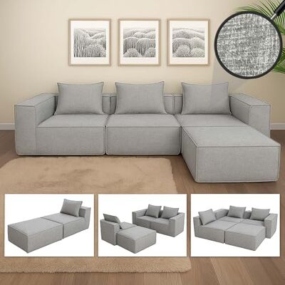 Mendler L-Sofa HWC-O54 Canapé de salon avec méridienne, extensible modulaire droite/gauche, tissu/textile, 63 x 270 x 190 cm, gris clair Mendler L-Sofa HWC-O54 Canapé de salon avec méridienne, extensible modulaire droite/gauche, tissu/textile, 63 x 270 x 190 cm, gris clair