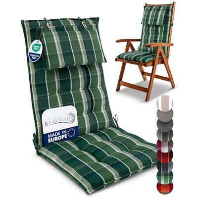 Beautissu Premium coussin chaise jardin dossier haut tissu robuste Sangles Set de 4 120x50cm vert à carreaux 8cm épaisseur fauteuil avec sangles fixation Antidérapant Résistance appui-tête Sun-HL Beautissu Premium coussin chaise jardin dossier haut tissu robuste Sangles Set de 4 120x50cm vert à carreaux 8cm épaisseur fauteuil avec sangles fixation Antidérapant Résistance appui-tête Sun-HL
