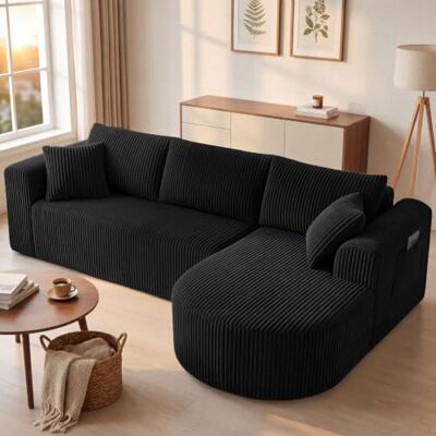 COMHOMA Canapé d'angle modulaire en velours côtelé de 243 cm avec méridienne, canapé-lit en forme de L, canapés sectionnels avec coussins et poches latérales, canapé pour salon, sans montage, noir COMHOMA Canapé d'angle modulaire en velours côtelé de 243 cm avec méridienne, canapé-lit en forme de L, canapés sectionnels avec coussins et poches latérales, canapé pour salon, sans montage, noir