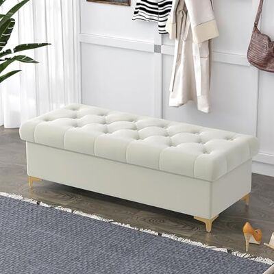 SYJKOO Banc ottoman de rangement en velours avec base dorée, banc de chambre à coucher rembourré pour bout de lit, banc à chaussures touffeté à boutons, repose-pieds moderne pour entrée, salon, salle SYJKOO Banc ottoman de rangement en velours avec base dorée, banc de chambre à coucher rembourré pour bout de lit, banc à chaussures touffeté à boutons, repose-pieds moderne pour entrée, salon, salle