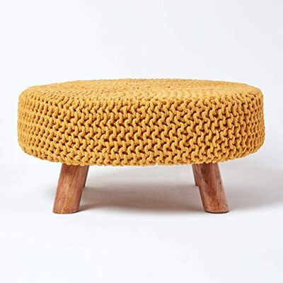 HOMESCAPES Pouf tressé en Tricot et Pieds en Bois, Coloris Jaune Moutarde, 62x62x30 cm HOMESCAPES Pouf tressé en Tricot et Pieds en Bois, Coloris Jaune Moutarde, 62x62x30 cm