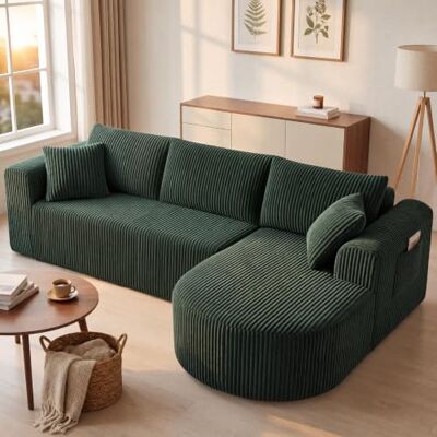 COMHOMA Canapé d'angle modulaire en velours côtelé de 243 cm avec méridienne, canapé-lit en forme de L, canapés sectionnels avec coussins et poches latérales, canapé pour salon, sans montage, vert COMHOMA Canapé d'angle modulaire en velours côtelé de 243 cm avec méridienne, canapé-lit en forme de L, canapés sectionnels avec coussins et poches latérales, canapé pour salon, sans montage, vert