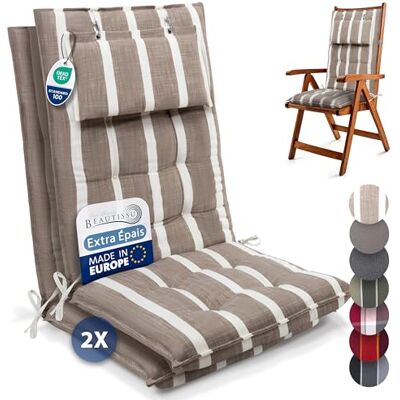 Beautissu Coussin Chaise Jardin Dossier Haut Premium set de 2 avec sangles 120x50cm 8cm épaisseur beige blanc tissu robuste antidérapant résistance aux UV fauteuil Fixation appui-tête galette Sun-HL Beautissu Coussin Chaise Jardin Dossier Haut Premium set de 2 avec sangles 120x50cm 8cm épaisseur beige blanc tissu robuste antidérapant résistance aux UV fauteuil Fixation appui-tête galette Sun-HL