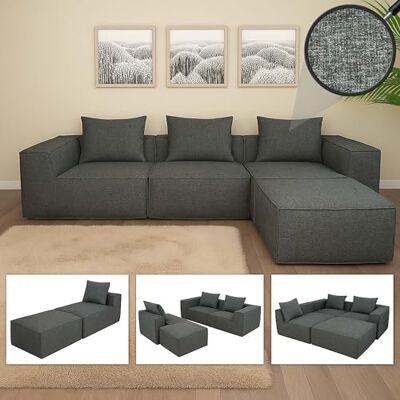 Mendler L-Sofa HWC-O54 Canapé de salon avec méridienne, extensible modulaire droite/gauche, tissu/textile, 63 x 270 x 190 cm, gris foncé Mendler L-Sofa HWC-O54 Canapé de salon avec méridienne, extensible modulaire droite/gauche, tissu/textile, 63 x 270 x 190 cm, gris foncé