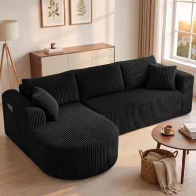 COMHOMA Canapé d'angle modulaire en velours côtelé de 243 cm avec méridienne, canapé-lit en forme de L, canapés sectionnels avec coussins et poches latérales, canapé pour salon, sans montage, noir COMHOMA Canapé d'angle modulaire en velours côtelé de 243 cm avec méridienne, canapé-lit en forme de L, canapés sectionnels avec coussins et poches latérales, canapé pour salon, sans montage, noir