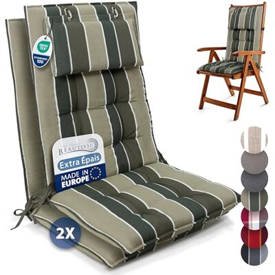 Beautissu Coussin Chaise Jardin Dossier Haut Premium set de 2 avec sangles 120x50cm 8cm épaisseur vert tissu robuste antidérapant résistance aux UV fauteuil Fixation appui-tête galette Sun-HL Beautissu Coussin Chaise Jardin Dossier Haut Premium set de 2 avec sangles 120x50cm 8cm épaisseur vert tissu robuste antidérapant résistance aux UV fauteuil Fixation appui-tête galette Sun-HL