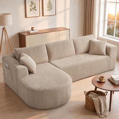 COMHOMA Canapé d'angle modulaire en velours côtelé de 263 cm avec méridienne, canapé-lit en forme de L, canapés sectionnels avec coussins et poches latérales, canapé pour salon, sans montage, beige COMHOMA Canapé d'angle modulaire en velours côtelé de 263 cm avec méridienne, canapé-lit en forme de L, canapés sectionnels avec coussins et poches latérales, canapé pour salon, sans montage, beige