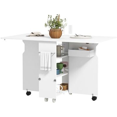 HOMCOM Table à rabat avec étagères à 3 niveaux, boîte de rangement et roulettes, table pliante en MDF, 130 x 80 x 76,5 cm, blanc HOMCOM Table à rabat avec étagères à 3 niveaux, boîte de rangement et roulettes, table pliante en MDF, 130 x 80 x 76,5 cm, blanc