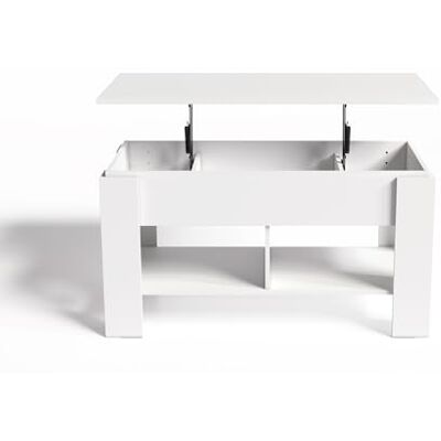 FurnitureR Table basse à plateau relevable, compartiment caché de 96 cm et étagère de rangement, table basse en bois pour salon, blanc FurnitureR Table basse à plateau relevable, compartiment caché de 96 cm et étagère de rangement, table basse en bois pour salon, blanc