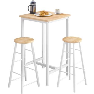 WOLTU Set Table de Bar carrée avec 2 Tabourets, Ensemble Table de Cuisine en MDF et métal, Petite Mange Debout pour Bar, Cuisine, Salon, Chêne Clair + Blanc WOLTU Set Table de Bar carrée avec 2 Tabourets, Ensemble Table de Cuisine en MDF et métal, Petite Mange Debout pour Bar, Cuisine, Salon, Chêne Clair + Blanc