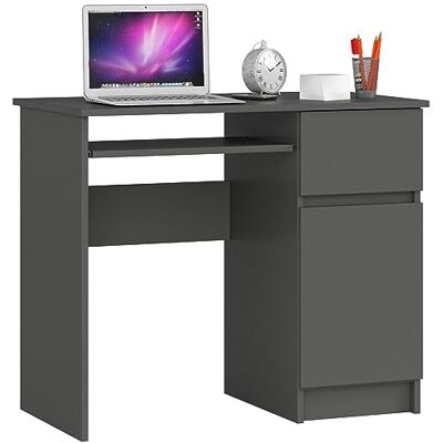AKORD Piksel Petit bureau avec tiroirs Bureau d'ordinateur avec plateau pour clavier Tiroir et compartiment avec porte 90 x 77 x 50 cm (l x H x P) 30 kg Armoire droite Gris graphite AKORD Piksel Petit bureau avec tiroirs Bureau d'ordinateur avec plateau pour clavier Tiroir et compartiment avec porte 90 x 77 x 50 cm (l x H x P) 30 kg Armoire droite Gris graphite