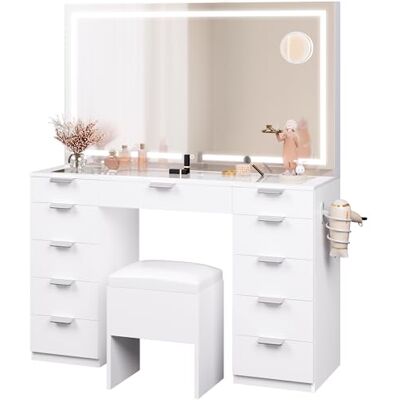YITAHOME Coiffeuse avec éclairage LED, 3 couleurs avec luminosité réglable, miroir pour maquillage, avec prise de courant, 11 tiroirs, moderne, blanche YITAHOME Coiffeuse avec éclairage LED, 3 couleurs avec luminosité réglable, miroir pour maquillage, avec prise de courant, 11 tiroirs, moderne, blanche