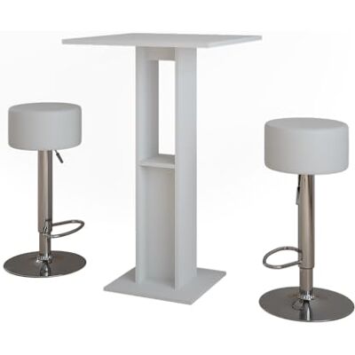 Vicco Set de table de bar "Repose", Blanc, 65x65cm avec 2 tabourets de bar, avec étagère latérale pour le rangement des bouteilles et des verres Vicco Set de table de bar "Repose", Blanc, 65x65cm avec 2 tabourets de bar, avec étagère latérale pour le rangement des bouteilles et des verres