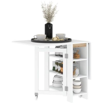 HOMCOM Table à Manger Pliable sur Roulettes Moderne 120 x 60 x 75 cm Blanc Table Pliante Cuisine, 2 Abattants et 3 Étagères, Table de Cuisine pour Petits Espaces HOMCOM Table à Manger Pliable sur Roulettes Moderne 120 x 60 x 75 cm Blanc Table Pliante Cuisine, 2 Abattants et 3 Étagères, Table de Cuisine pour Petits Espaces
