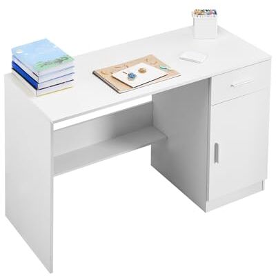 VEVOR Petit bureau avec tiroir, bureau pour chambre à coucher, simple table d'étude en bois pour dessiner, léger, table de travail rectangulaire avec étagère réglable pour bureau, blanc VEVOR Petit bureau avec tiroir, bureau pour chambre à coucher, simple table d'étude en bois pour dessiner, léger, table de travail rectangulaire avec étagère réglable pour bureau, blanc