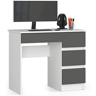 AKORD Bureau A7 90 cm 4 tiroirs à droite Pour la maison et le bureau Pour le travail 90 x 77 x 50 cm (l x H x P) Poids 30,50 kg Blanc/gris graphite AKORD Bureau A7 90 cm 4 tiroirs à droite Pour la maison et le bureau Pour le travail 90 x 77 x 50 cm (l x H x P) Poids 30,50 kg Blanc/gris graphite