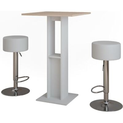 Vicco Set de table de bar "Repose", Blanc/Sonoma, 65x65cm avec 2 tabourets de bar, avec étagère latérale pour le rangement des bouteilles et des verres Vicco Set de table de bar "Repose", Blanc/Sonoma, 65x65cm avec 2 tabourets de bar, avec étagère latérale pour le rangement des bouteilles et des verres
