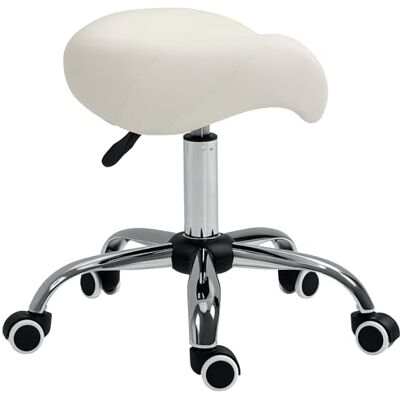 HOMCOM Tabouret à roulettes, tabouret de massage avec hauteur réglable 49-61 cm et selle ergonomique, chaise de travail à roulettes pivotant 360°, pour salon de massage, tatouage, clinique, spa, blanc HOMCOM Tabouret à roulettes, tabouret de massage avec hauteur réglable 49-61 cm et selle ergonomique, chaise de travail à roulettes pivotant 360°, pour salon de massage, tatouage, clinique, spa, blanc
