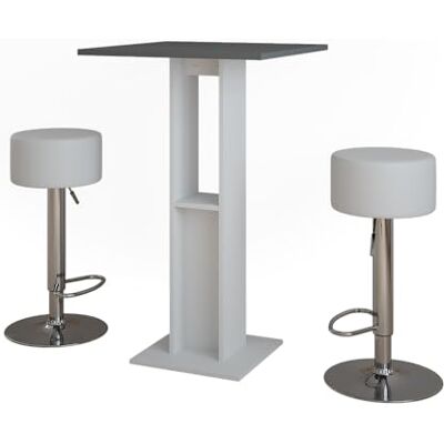 Vicco Set de table de bar "Repose", blanc/anthracite, 65x65cm avec 2 tabourets de bar, avec étagère latérale pour le rangement des bouteilles et des verres Vicco Set de table de bar "Repose", blanc/anthracite, 65x65cm avec 2 tabourets de bar, avec étagère latérale pour le rangement des bouteilles et des verres