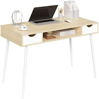 WOLTU Bureau Blanc à 2 Tiroirs et Étagère Ouverte Table PC Chêne 120x58x75cm pour Salon Structure Acier WOLTU Bureau Blanc à 2 Tiroirs et Étagère Ouverte Table PC Chêne 120x58x75cm pour Salon Structure Acier