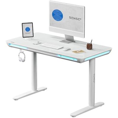 SENSE7 Bureau informatique Nomo, table de jeu LED 120x60, bureau en verre avec ports USB-C et USB 3.0, bureau électrique réglable en hauteur avec tiroir et crochet, idéal pour gaming ou bureau SENSE7 Bureau informatique Nomo, table de jeu LED 120x60, bureau en verre avec ports USB-C et USB 3.0, bureau électrique réglable en hauteur avec tiroir et crochet, idéal pour gaming ou bureau