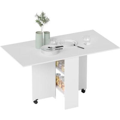 HOMCOM Table Pliante de Cuisine sur Roulettes 75L x 140l x 74H cm Blanc Salle à Manger, Amovible, 2 Étagères Intégrées, en Bois HOMCOM Table Pliante de Cuisine sur Roulettes 75L x 140l x 74H cm Blanc Salle à Manger, Amovible, 2 Étagères Intégrées, en Bois