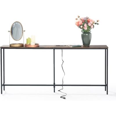 FurnitureR Console de canapé avec station de charge, table basse étroite et longue derrière le canapé avec prises de courant, ports USB, table d'entrée pour entrée, salon, couloir, marron FurnitureR Console de canapé avec station de charge, table basse étroite et longue derrière le canapé avec prises de courant, ports USB, table d'entrée pour entrée, salon, couloir, marron