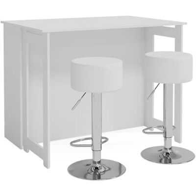 Vicco Set de table de bar "Dominic", Blanc, 116x37cm avec 2 tabourets de bar, plateau de table rabattable pour une utilisation flexible dans les petits espaces Vicco Set de table de bar "Dominic", Blanc, 116x37cm avec 2 tabourets de bar, plateau de table rabattable pour une utilisation flexible dans les petits espaces