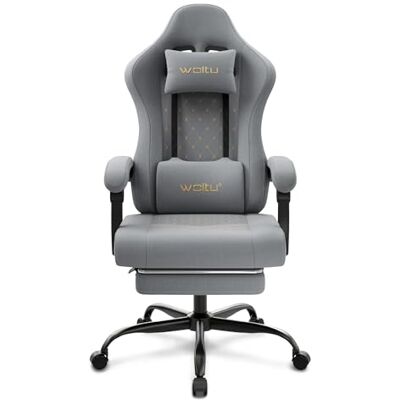WOLTU Chaise de jeu avec massage, ergonomique, pivotante, rembourrée, pour ordinateur, avec coussin lombaire massant, charge 150 kg, tissu en maille, gris + jaune WOLTU Chaise de jeu avec massage, ergonomique, pivotante, rembourrée, pour ordinateur, avec coussin lombaire massant, charge 150 kg, tissu en maille, gris + jaune