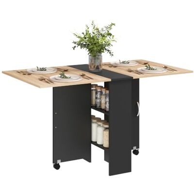HOMCOM Table Pliante de Cuisine sur Roulettes 75L x 140l x 74H cm Noir Salle à Manger, Amovible, 2 Étagères Intégrées, en Bois HOMCOM Table Pliante de Cuisine sur Roulettes 75L x 140l x 74H cm Noir Salle à Manger, Amovible, 2 Étagères Intégrées, en Bois