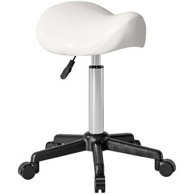 HOMCOM Tabouret à roulettes, tabouret de massage avec hauteur réglable 45-57 cm et selle ergonomique, chaise de travail à roulettes pivotant 360°, pour salon de massage, tatouage, clinique, spa, blanc HOMCOM Tabouret à roulettes, tabouret de massage avec hauteur réglable 45-57 cm et selle ergonomique, chaise de travail à roulettes pivotant 360°, pour salon de massage, tatouage, clinique, spa, blanc