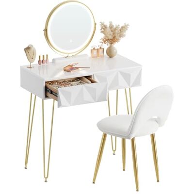 EUGAD Coiffeuse avec tabouret en velours, miroir pivotant à 360° et éclairage LED réglable sur 3 niveaux, bureau blanc avec 2 tiroirs, blanc + doré, 0056SZT EUGAD Coiffeuse avec tabouret en velours, miroir pivotant à 360° et éclairage LED réglable sur 3 niveaux, bureau blanc avec 2 tiroirs, blanc + doré, 0056SZT