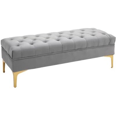 HOMCOM Banc Banquette Capitonnée Bout de Lit 118x45x42cm Velours Gris Clair Style Classique Chic, Piètement Métal Doré HOMCOM Banc Banquette Capitonnée Bout de Lit 118x45x42cm Velours Gris Clair Style Classique Chic, Piètement Métal Doré