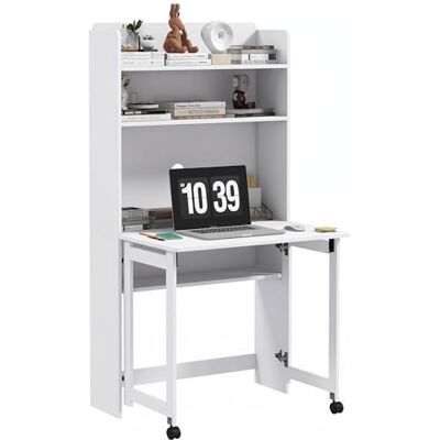 HOMCOM Bureau Informatique avec étagères de Rangement Bureau d'ordinateur avec Plateau Rabattable et 2 roulettes pour Chambre Salon et Maison 80 x 69 x 155 cm Blanc HOMCOM Bureau Informatique avec étagères de Rangement Bureau d'ordinateur avec Plateau Rabattable et 2 roulettes pour Chambre Salon et Maison 80 x 69 x 155 cm Blanc