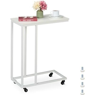 Relaxdays Table d'appoint en forme de C, roulettes, blanche mélange de matériaux, H x L x P : 79 x 60 x 30 cm Relaxdays Table d'appoint en forme de C, roulettes, blanche mélange de matériaux, H x L x P : 79 x 60 x 30 cm