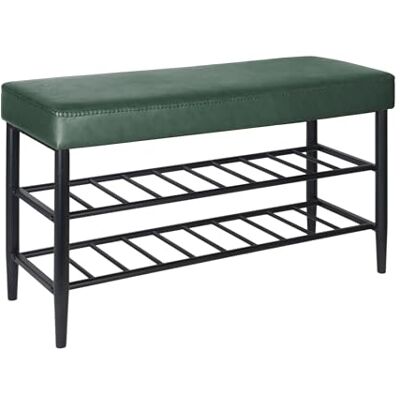 Relaxdays Banc à chaussures, assise rembourrée en cuir synthétique, 2 étagères à chaussures pour 6 paires, étagère à chaussures (H x l x P) 50 x 80 x 30 cm, vert Relaxdays Banc à chaussures, assise rembourrée en cuir synthétique, 2 étagères à chaussures pour 6 paires, étagère à chaussures (H x l x P) 50 x 80 x 30 cm, vert