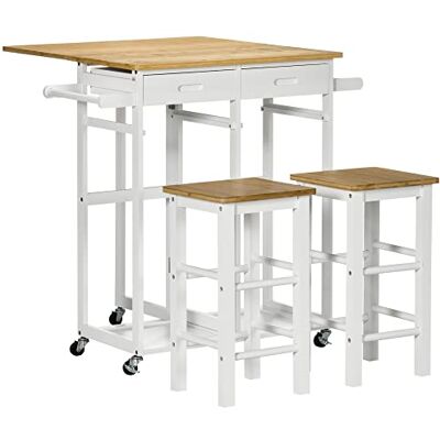HOMCOM Ensemble Table de Bar Pliable roulettes + 2 tabourets Blanc et Bois Clair 2 tiroirs et Porte-torchons HOMCOM Ensemble Table de Bar Pliable roulettes + 2 tabourets Blanc et Bois Clair 2 tiroirs et Porte-torchons